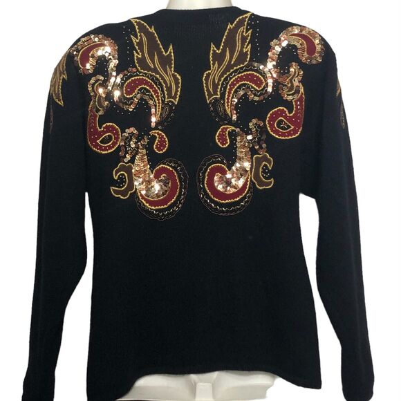Vintage 80s Marisa Christina Cardigan Sweater Black Lambs Wool Angora Sequins - Picture 12 of 12